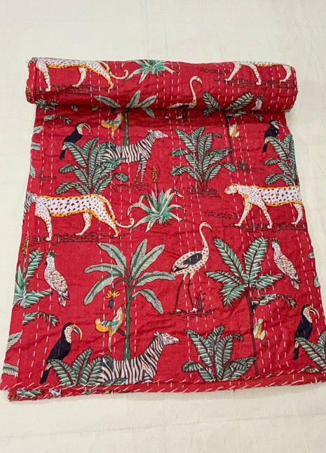 Jungle Safari kantha (size:90x108): Spirit Red