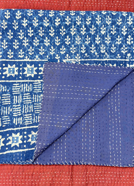 Kantha Gudari Bedcover (Size 90x108 Inches): Butterfly Indigo
