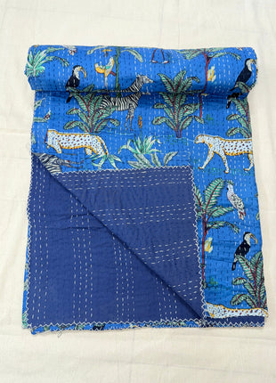 Jungle safari Hand stitch kantha (size: 90x108 Inches): Aasmani Neela