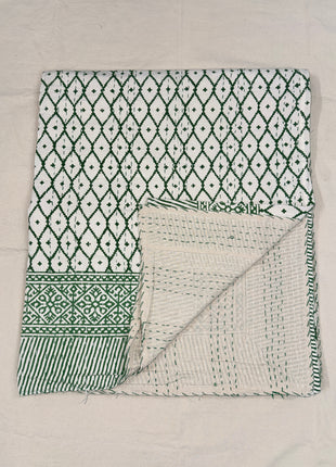 Handstitched Handblock kantha bedcover (size: 90*108 Inches): Mehandi