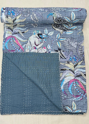Handstitched kantha Gudari (size: 90x108 Inches): Greyscale Monkey-Shoulder