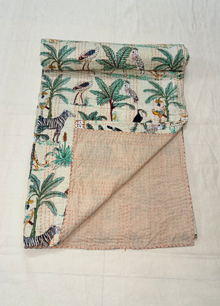 Jungle Safari Kantha Gudari( Size: 90x108 inches): Beige