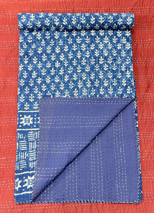 Kantha Gudari Bedcover (Size 90x108 Inches): Butterfly Indigo