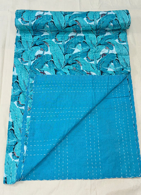 Banana Leaf Motifs Handstitched Kantha ( Size: 90x108 Inches): Firozi