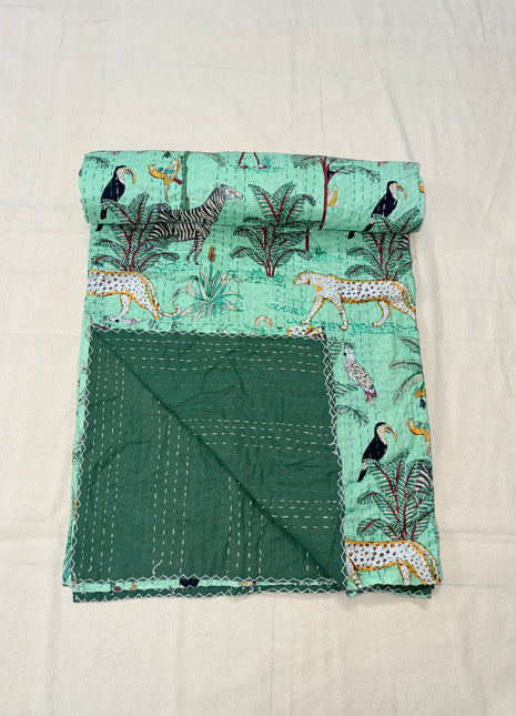 Minty jungle Safari Kantha Gudari (size: 90*108 inches)