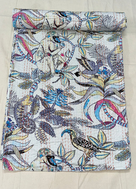 Monkey Shoulder Handstitched Kantha Gudari (Size: 90x108 inches): Peace White