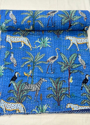Jungle safari Hand stitch kantha (size: 90x108 Inches): Aasmani Neela