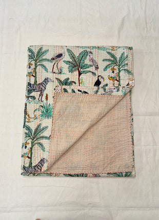 Jungle Safari Kantha Gudari( Size: 90x108 inches): Beige