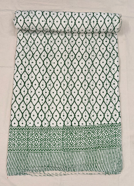 Handstitched Handblock kantha bedcover (size: 90*108 Inches): Mehandi