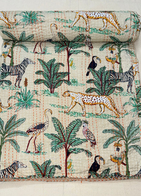 Jungle Safari Kantha Gudari( Size: 90x108 inches): Beige