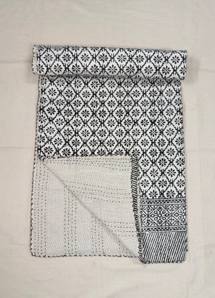 Floral Handblock Hand-Stitch kantha Gudari Bedcover (Size: 90*108 inches); Geometric Petals