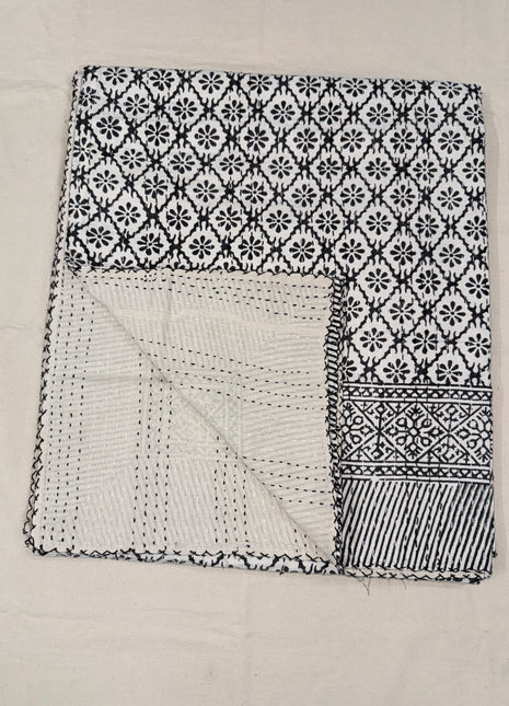 Floral Handblock Hand-Stitch kantha Gudari Bedcover (Size: 90*108 inches); Geometric Petals