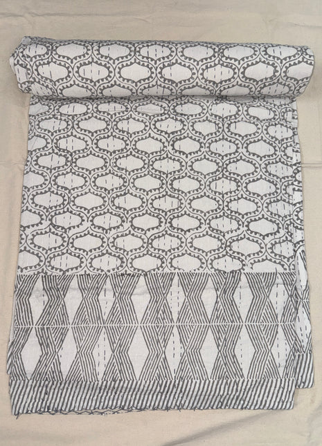 Geometrical Handstitch kantha bedcover: Handblock Shatkon