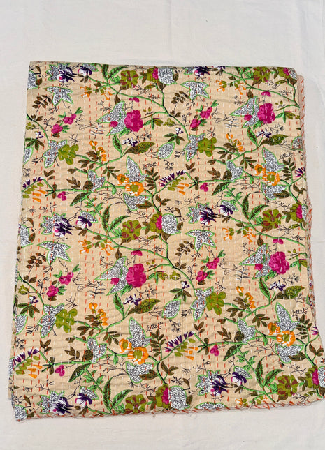 Beige-Paradise Handstitched Kantha Gudari (Size: 90x108 Inches