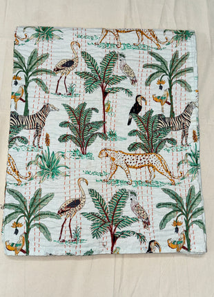 Jungle Safari Kantha Gudari( Size: 90*108 Inches): Peace White