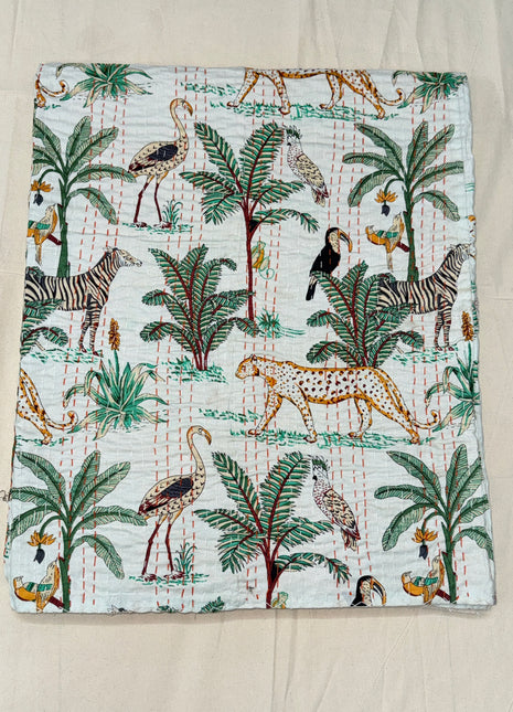 Jungle Safari Kantha Gudari( Size: 90*108 Inches): Peace White