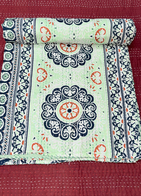 Handstitched kantha (Size: 90x108 Inches): Mandal-Mint
