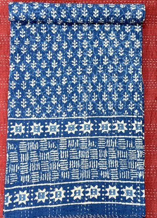 Kantha Gudari Bedcover (Size 90x108 Inches): Butterfly Indigo
