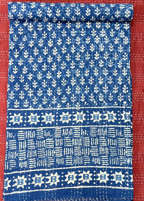 Kantha Gudari Bedcover (Size 90x108 Inches): Butterfly Indigo