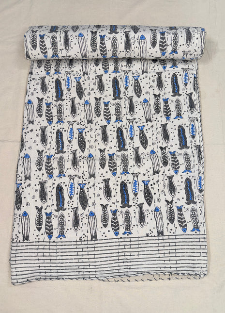 Fish Handblock Kantha (Size: 90x108 Inches)
