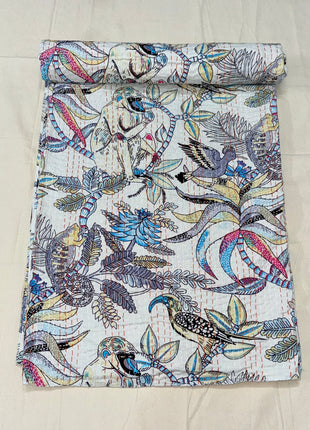 Monkey Shoulder Handstitched Kantha Gudari (Size: 90x108 inches): Peace White