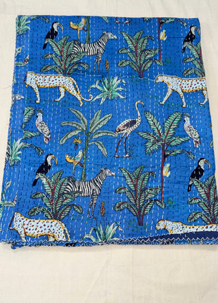Jungle safari Hand stitch kantha (size: 90x108 Inches): Aasmani Neela