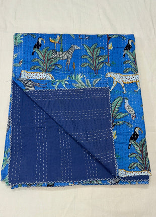 Jungle safari Hand stitch kantha (size: 90x108 Inches): Aasmani Neela