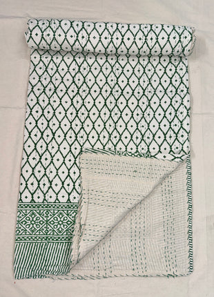 Handstitched Handblock kantha bedcover (size: 90*108 Inches): Mehandi