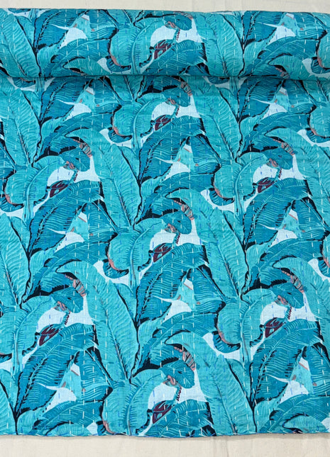 Banana Leaf Motifs Handstitched Kantha ( Size: 90x108 Inches): Firozi