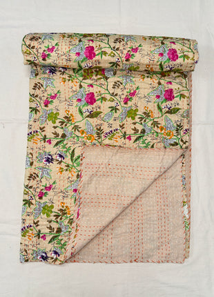 Beige-Paradise Handstitched Kantha Gudari (Size: 90x108 Inches