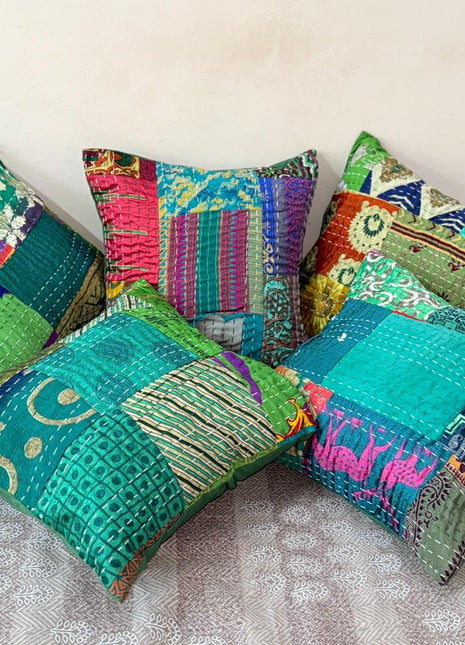 Mehandi Green Multi Silk Patch Kantha Cushion Cover Set (Set of 5 Cushion covers)