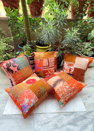 Tangy Orange Boho kantha Silk Patch Cushion cover Set ( Set of 5 Cushion covers)