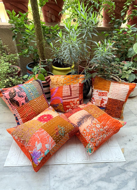 Tangy Orange Boho kantha Silk Patch Cushion cover Set ( Set of 5 Cushion covers)