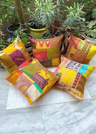 Mustard Yellow Boho Handstitched Kantha Silk Patch Cushion Cover Set(set of 5 cushions)