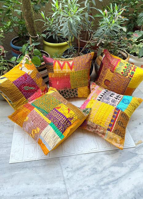 Mustard Yellow Boho Handstitched Kantha Silk Patch Cushion Cover Set(set of 5 cushions)