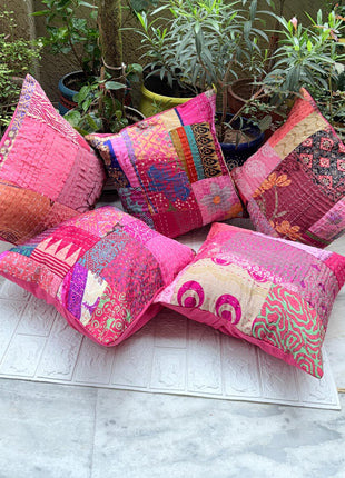 Fushcia-Cranberry Silk Patch Kantha Cushion Cover Set ( Set of 5 Cushion Covers)