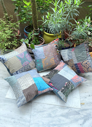 Gray Boho Kantha Hanstitiched Silk Patch Cushion Cover Set ( Set of 5 Cushion Covers)