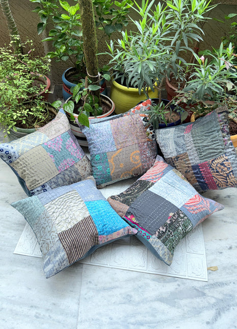 Gray Boho Kantha Hanstitiched Silk Patch Cushion Cover Set ( Set of 5 Cushion Covers)