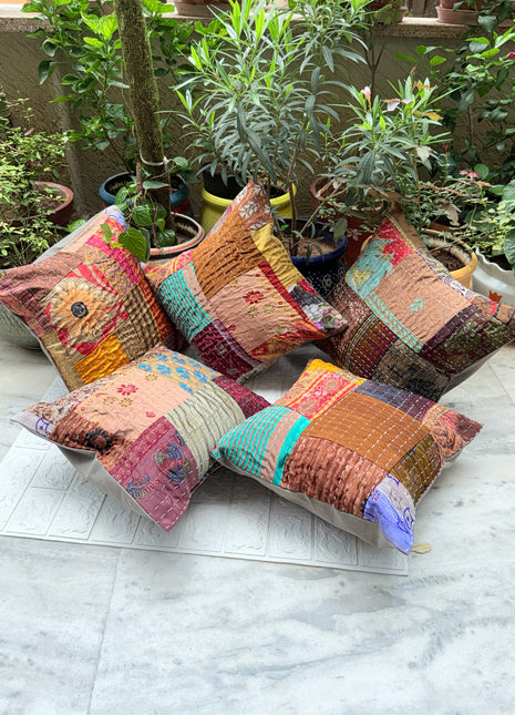 Kashish Silk Patch Boho Kantha Cushion Covers( Set of 5 Cushion Covers)