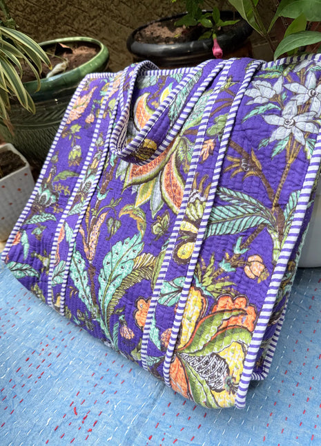 Floral Purple Butterfly Zipper Tote