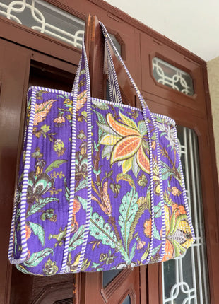 Floral Purple Butterfly Zipper Tote