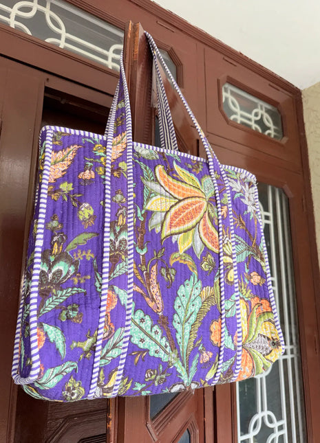 Floral Purple Butterfly Zipper Tote
