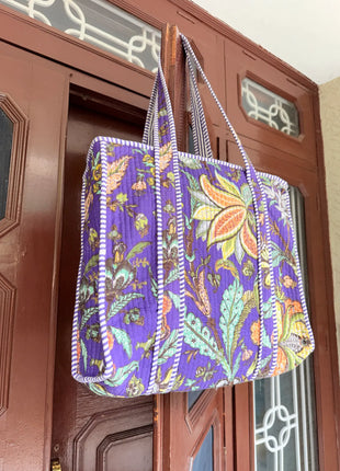 Floral Purple Butterfly Zipper Tote