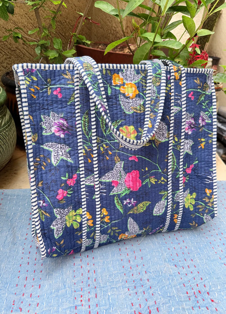 Navy Blue Floral Paradise Zipper Tote