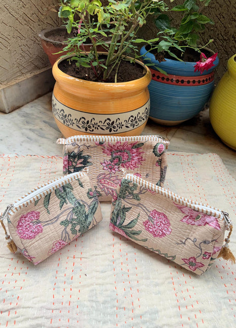 Beige Floral 3-Piece Washbag Set