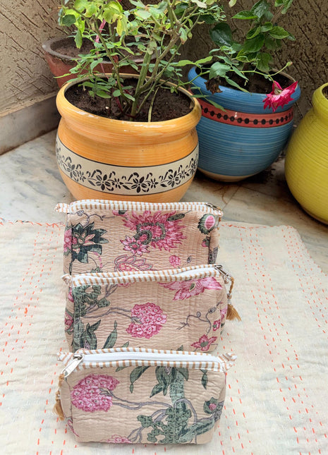 Beige Floral 3-Piece Washbag Set
