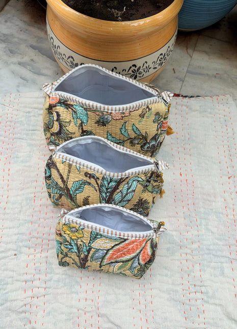 Beige Butterfly floral 3-piece Washbag set