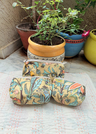 Beige Butterfly floral 3-piece Washbag set