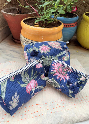 Navy blue Small Tree of Life 3-piece wash bag set