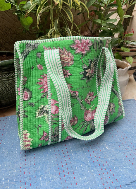 fluoroscent Floral Green Zip Tote